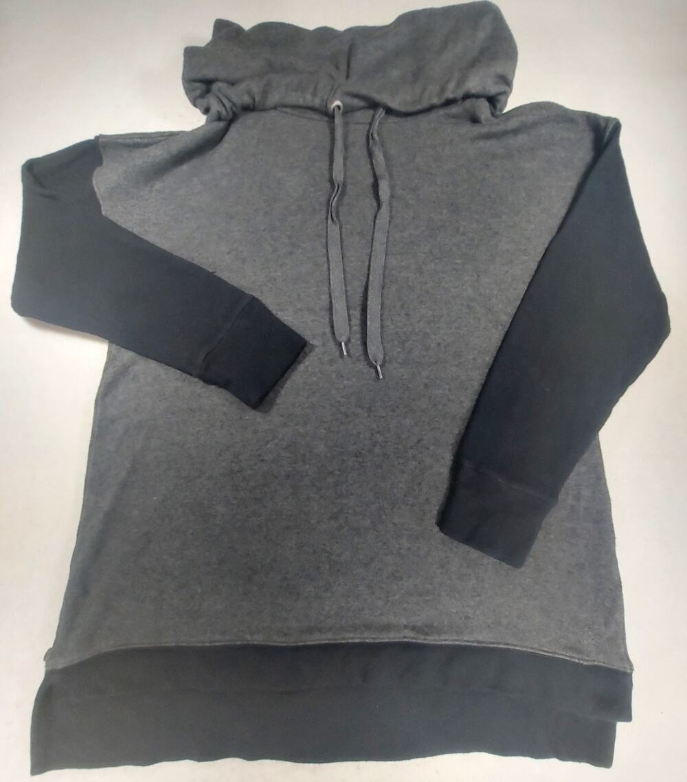 Hugs by Soft Surroundings Cowl Neck Hoodie Tunic Gray Black Colorblock Women L